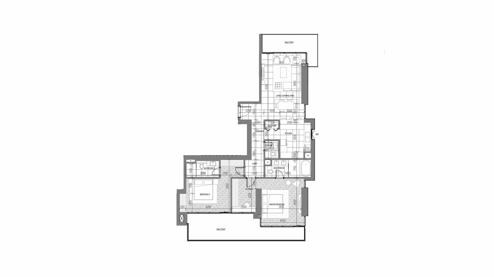Планировка квартиры 2 спальни в ЖК Anwa Aria № 11008